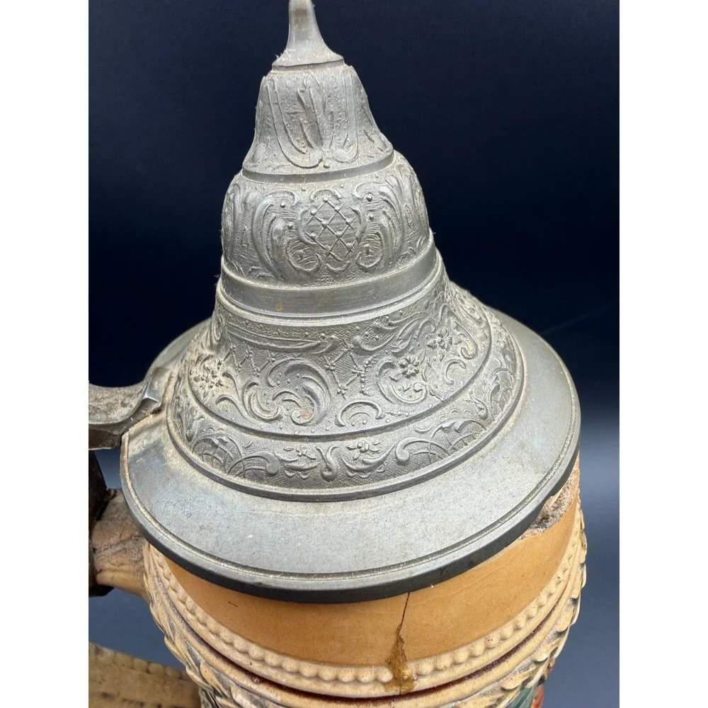 Antique German Beer Stein 0.5L Relief Scene Pewter Lid‎ Stoneware 531
